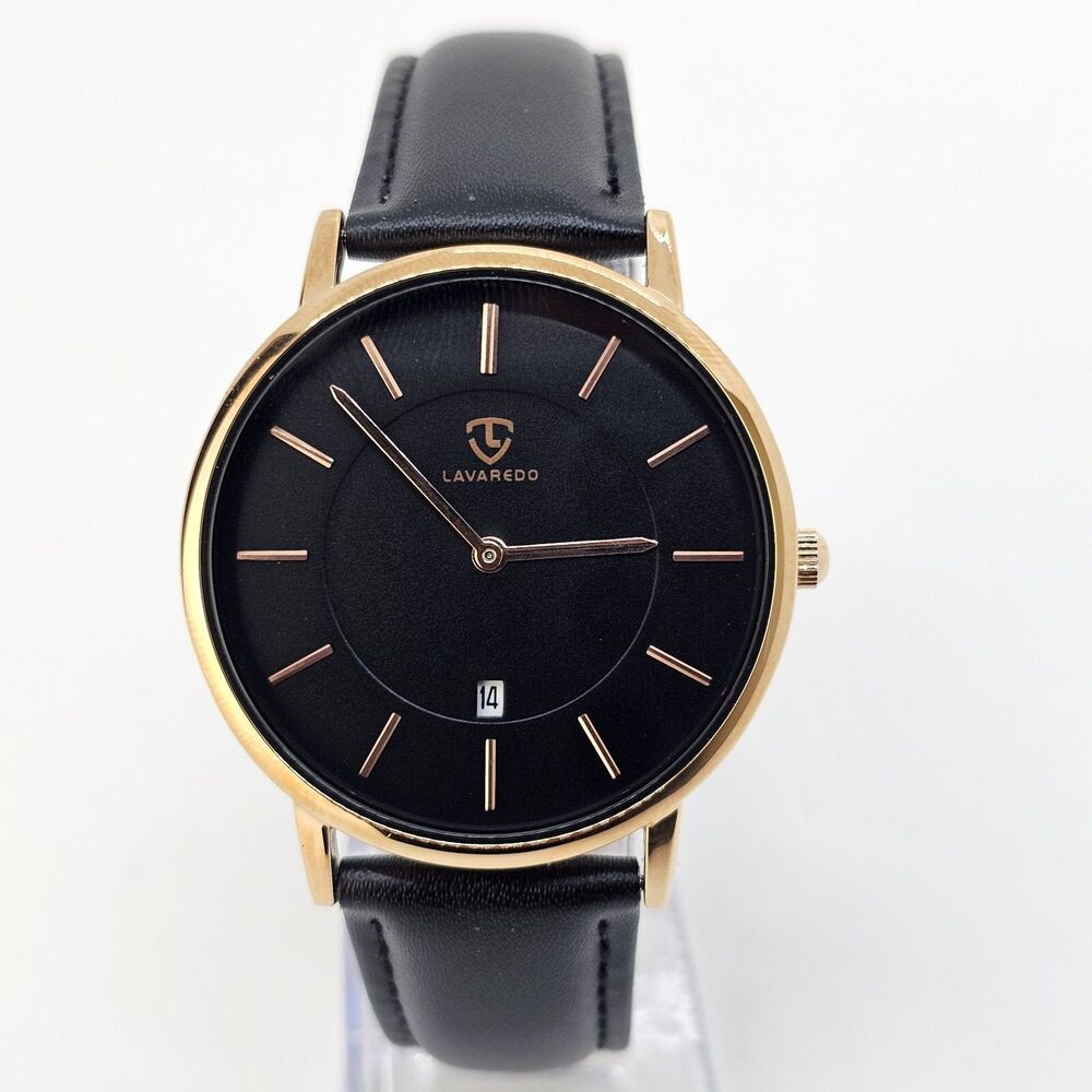 Men's Watch 40MM Black‎ Dial Gold Case Black Leather Band Straps Date Indicator